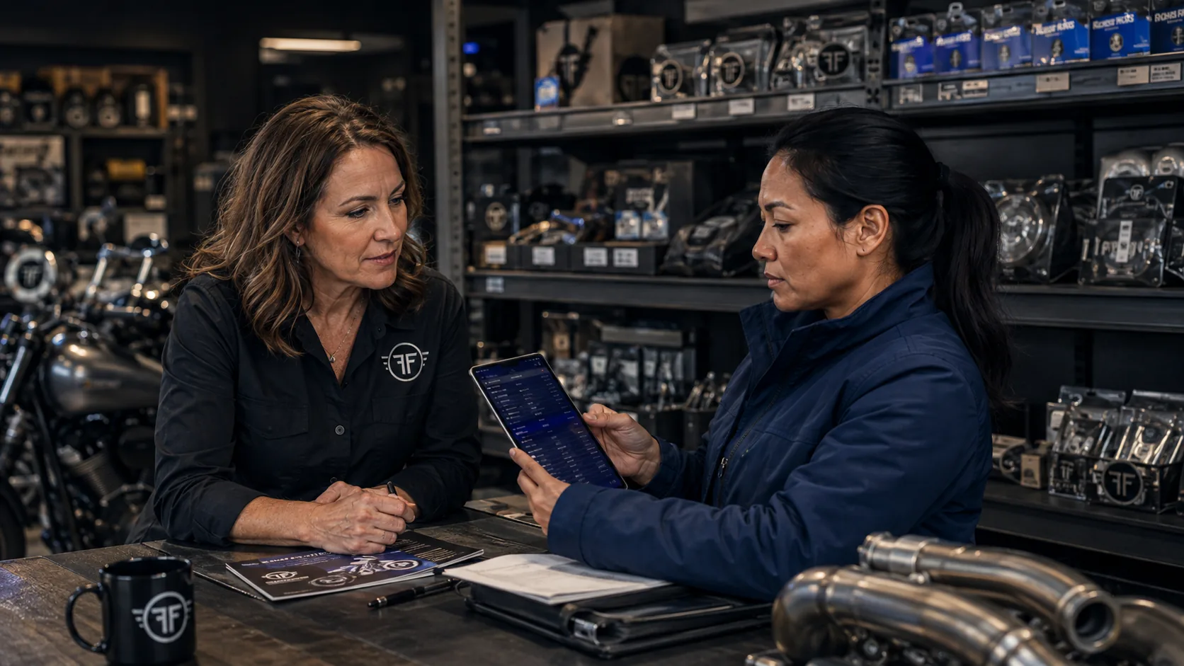 A field rep showing a customer the Halosight app on a tablet across a parts counter