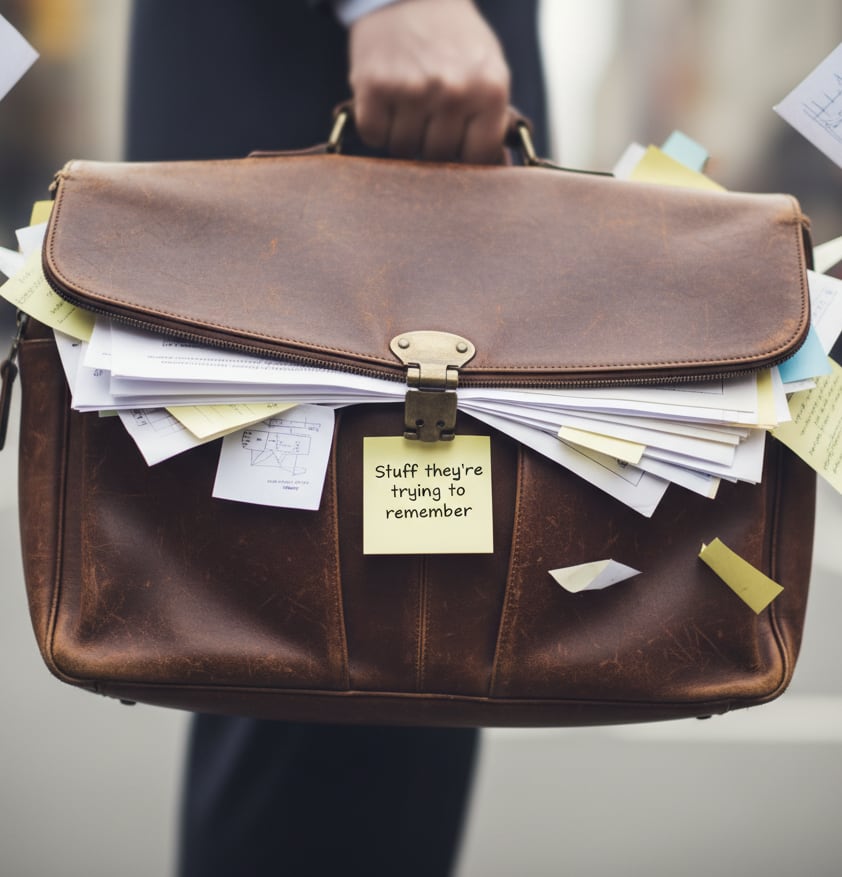 Overstuffed briefcase with papers and sticky notes showing the information overload sales reps deal with
