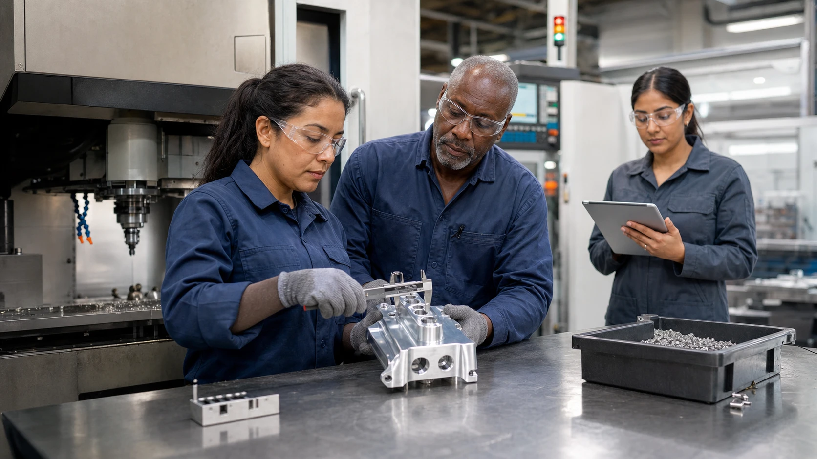 Three machinists checking an aluminum part with calipers beside a CNC machine
