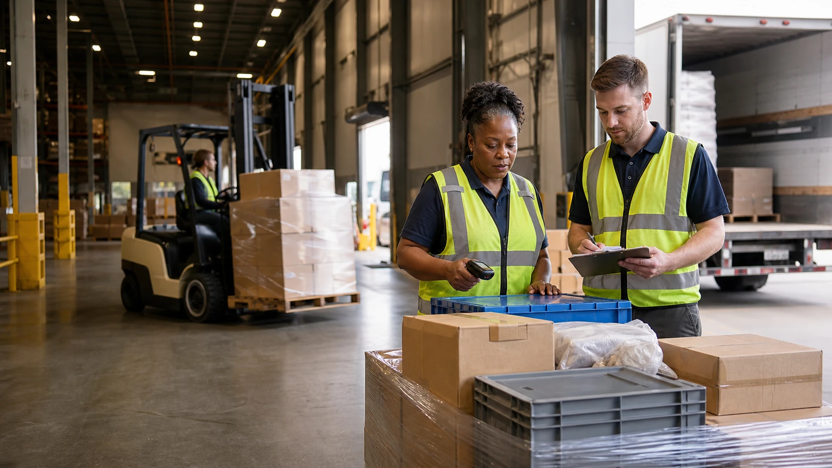 Two workers in hi-vis vests checking a shipment on a loading dock