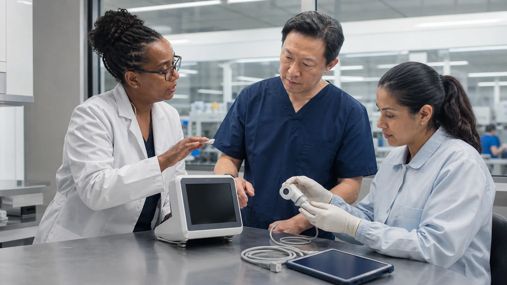 Three clinicians gathered around a medical device in a lab